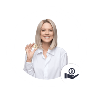 A girl smiling while holding a bitcoin