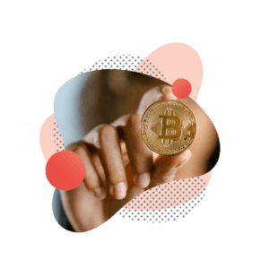 A graphic of a hand holding bitcoin, a type of cryptocurrency