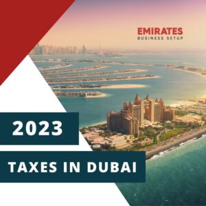 A picture of palm Jumeirah with 2023 taxes in Dubai as in front.