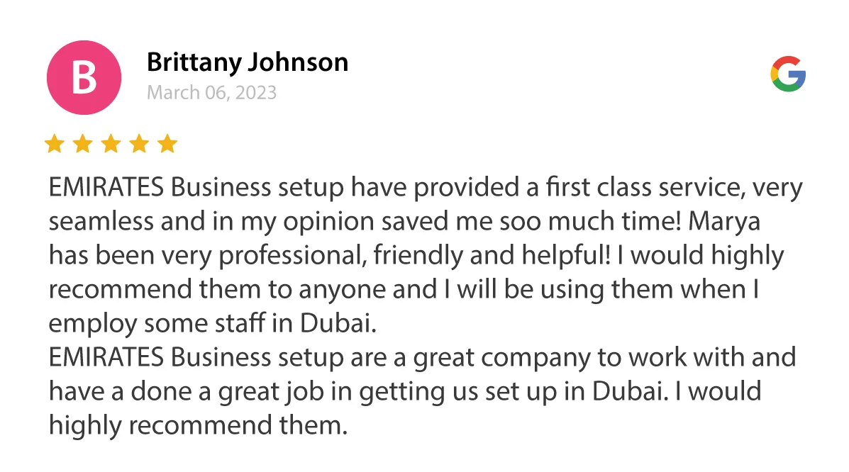 Britany Johnson reviews on google for Emirates Business Setup.