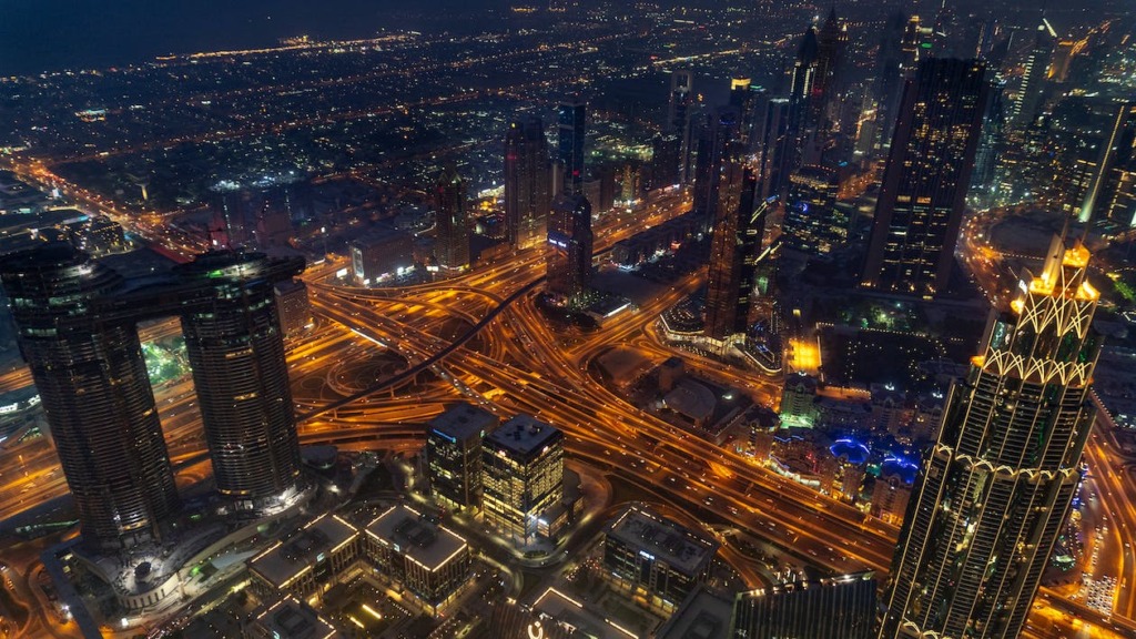Aerial view of high-rise towers in Dubai, United Arab Emirates.