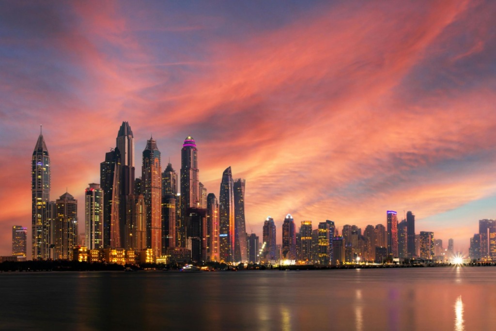Sunset view at Dubai Marina, United Arab Emirates.