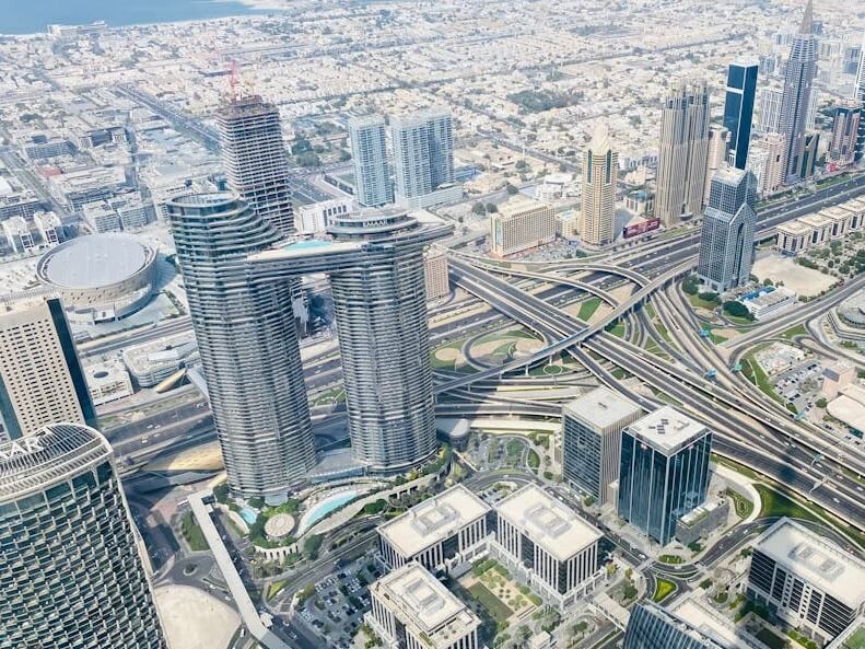 Aerial view of the Address Sky View hotel in Downtown, Dubai